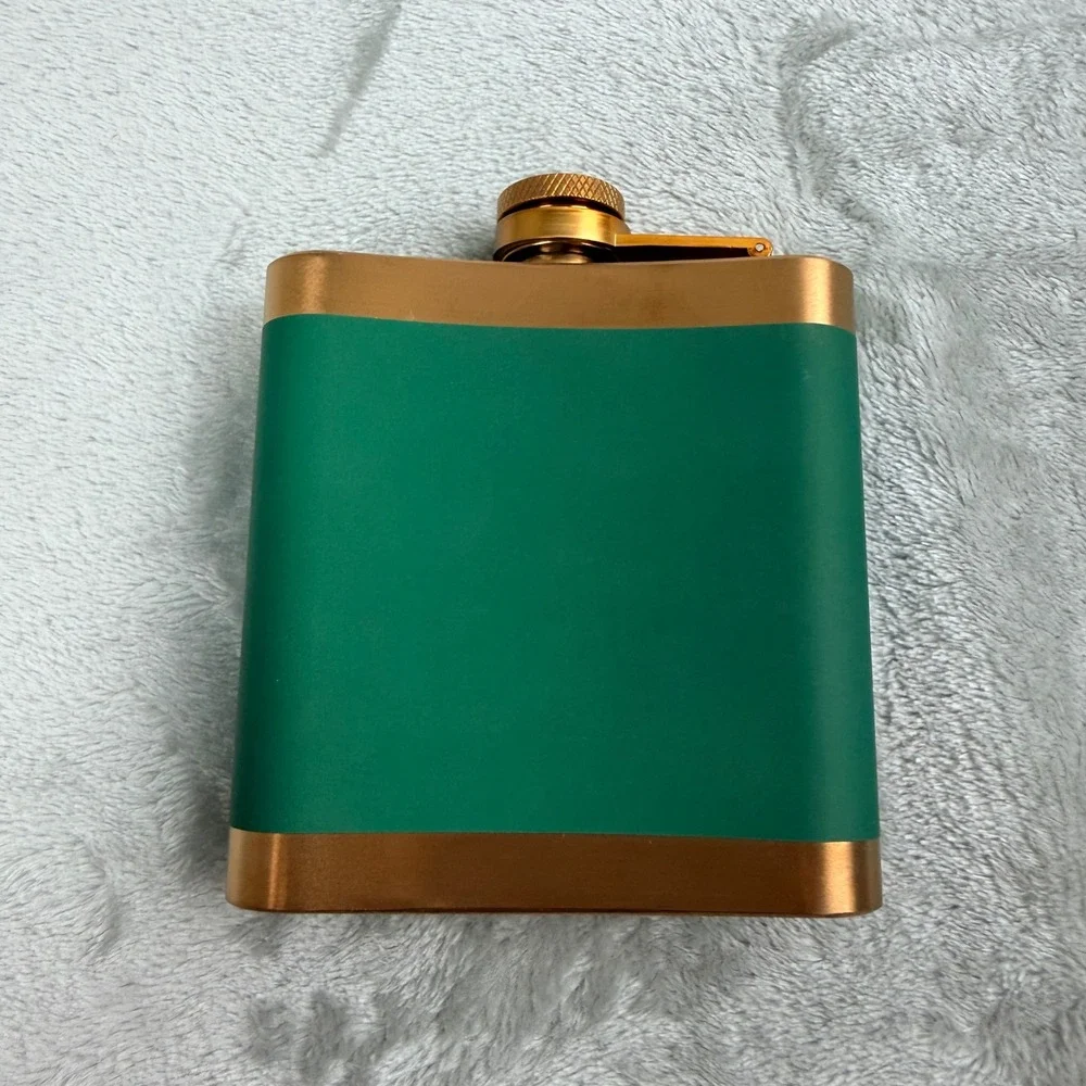 Jagermeister Gold Tone and Green Stainless Steel Hip Flask with Logo and Box